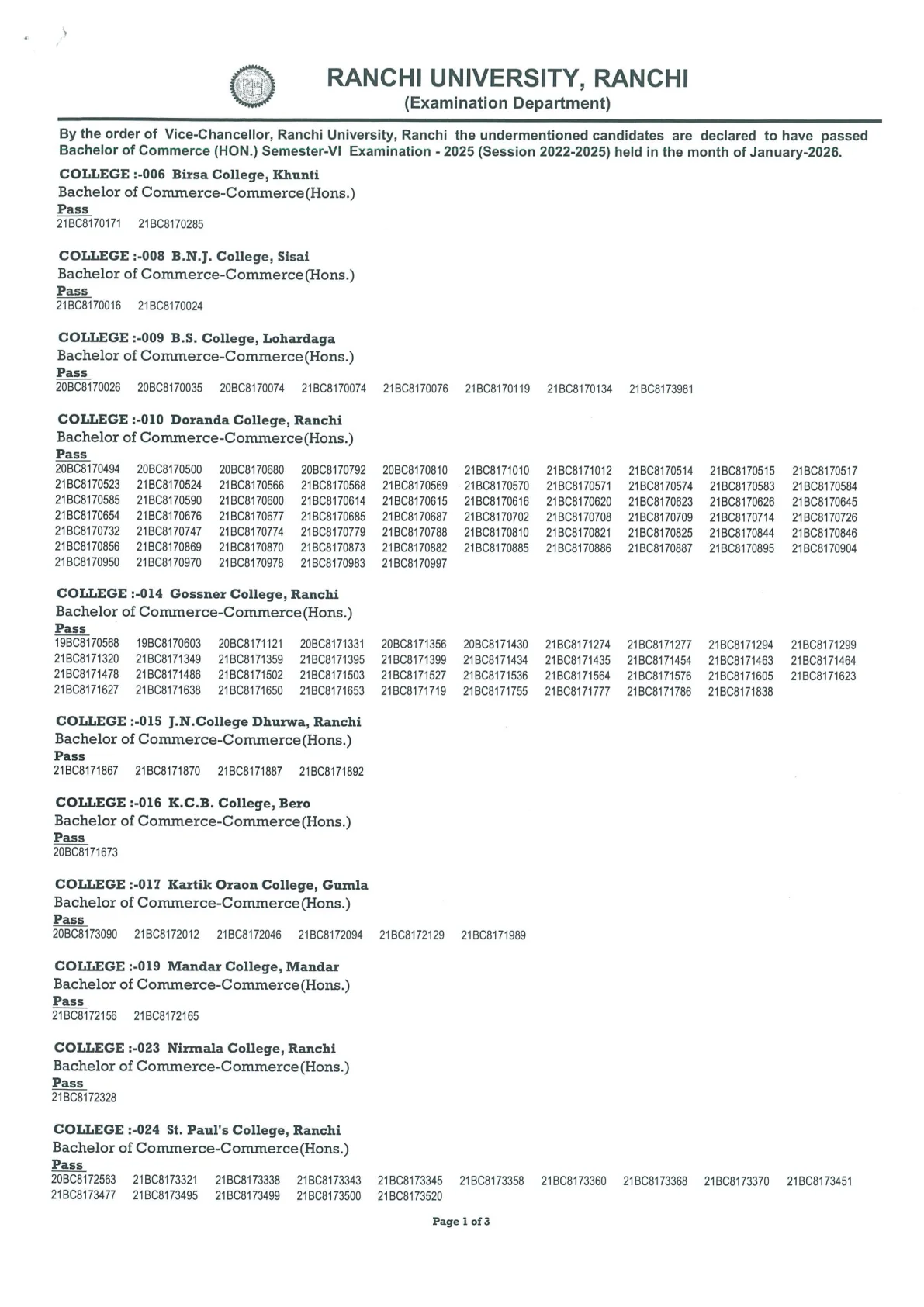 Official Result Link for Ranchi University Result 2026 for B.Sc and B.Com Hons Semester 6: official PDF links, release dates, and how to download