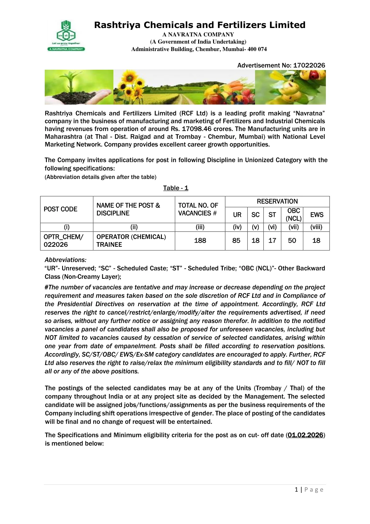 Official Recruitment Notification for RCFL Operator Trainee Recruitment 2026 - Apply Online for 188 Posts
