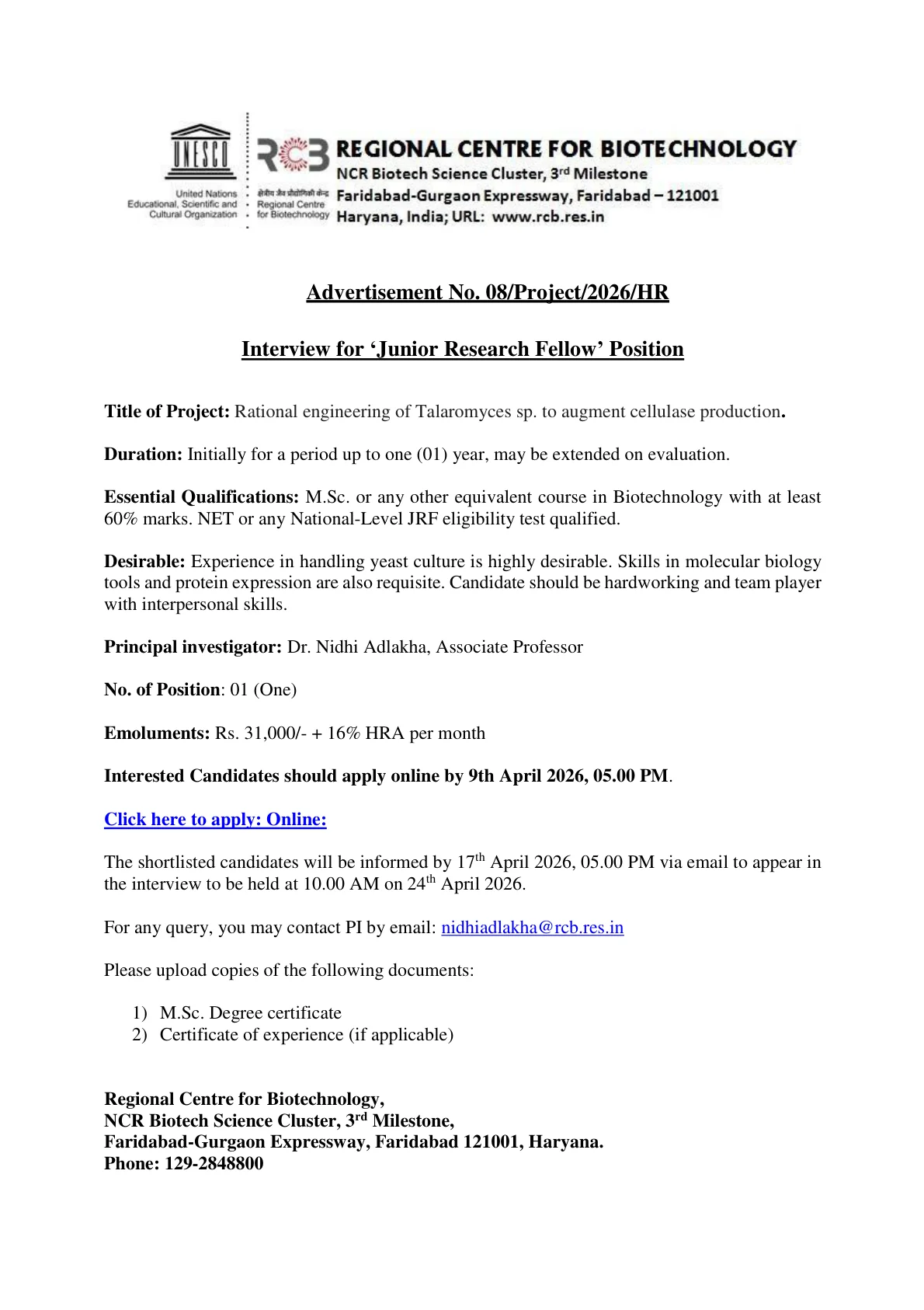 Official Recruitment Notification for Regional Centre for Biotechnology Junior Research Fellow Recruitment 2026 - Apply Online for 1 Post