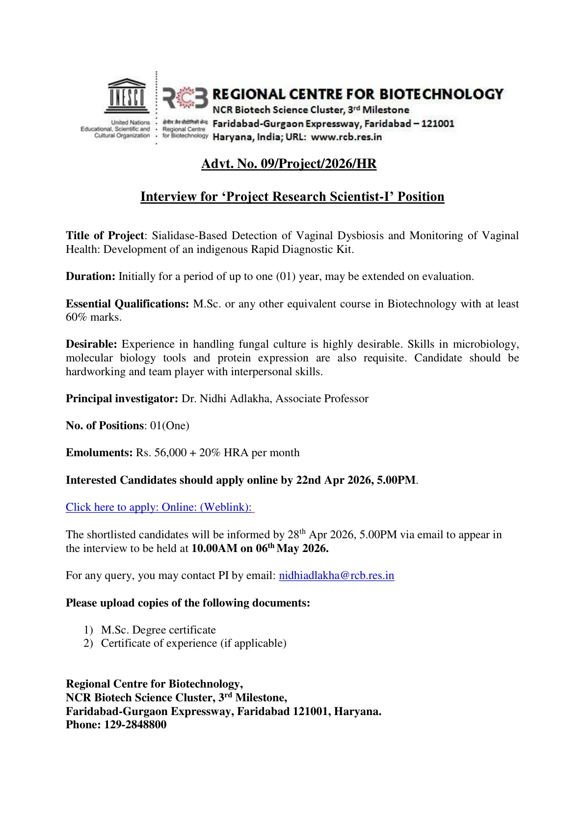 Official Recruitment Notification for Regional Centre for Biotechnology Project Research Scientist I Recruitment 2026: Eligibility, Salary, Last Date and Online Application