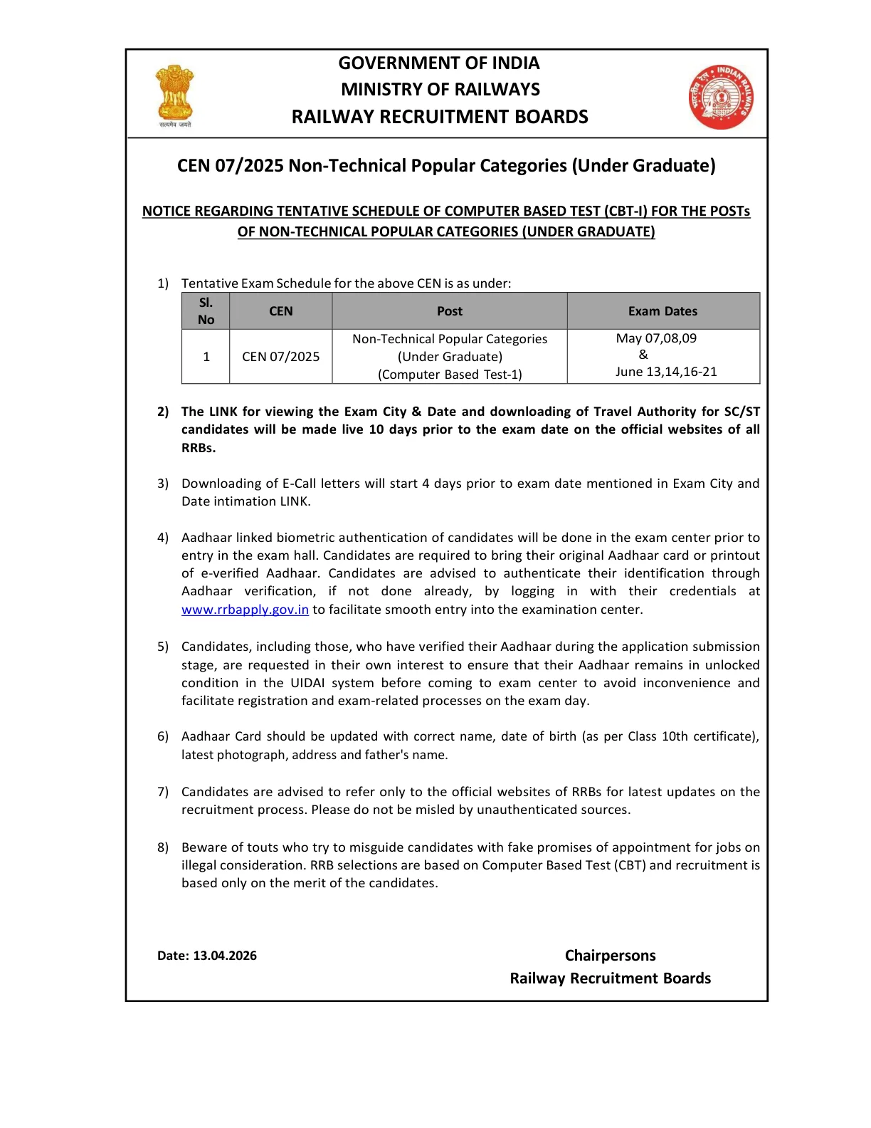Official Exam Notice for RRB NTPC Undergraduate Exam Date 2026 Out @ rrbcdg.gov.in – Check CBT Schedule & Full Details