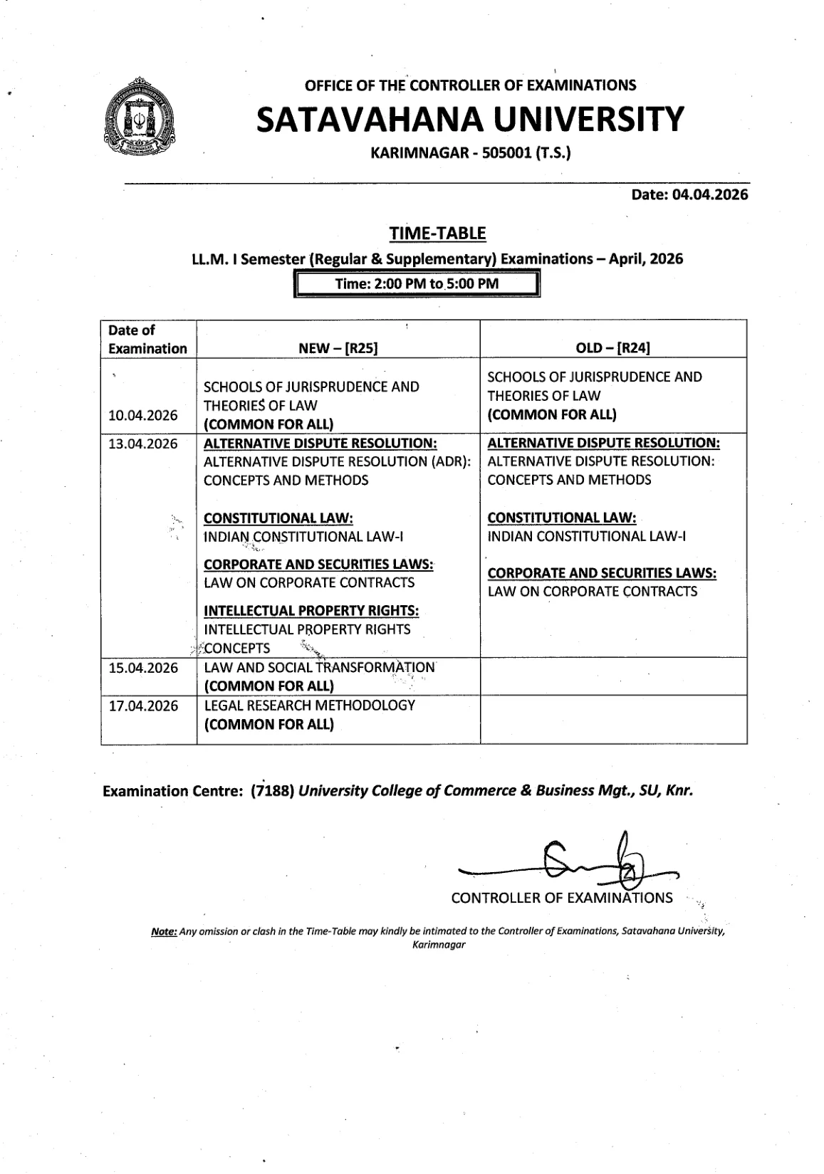 Official Recruitment Notification for Satavahana University Time Table 2026 Announced - LLM 1st Semester April Exam Schedule Out