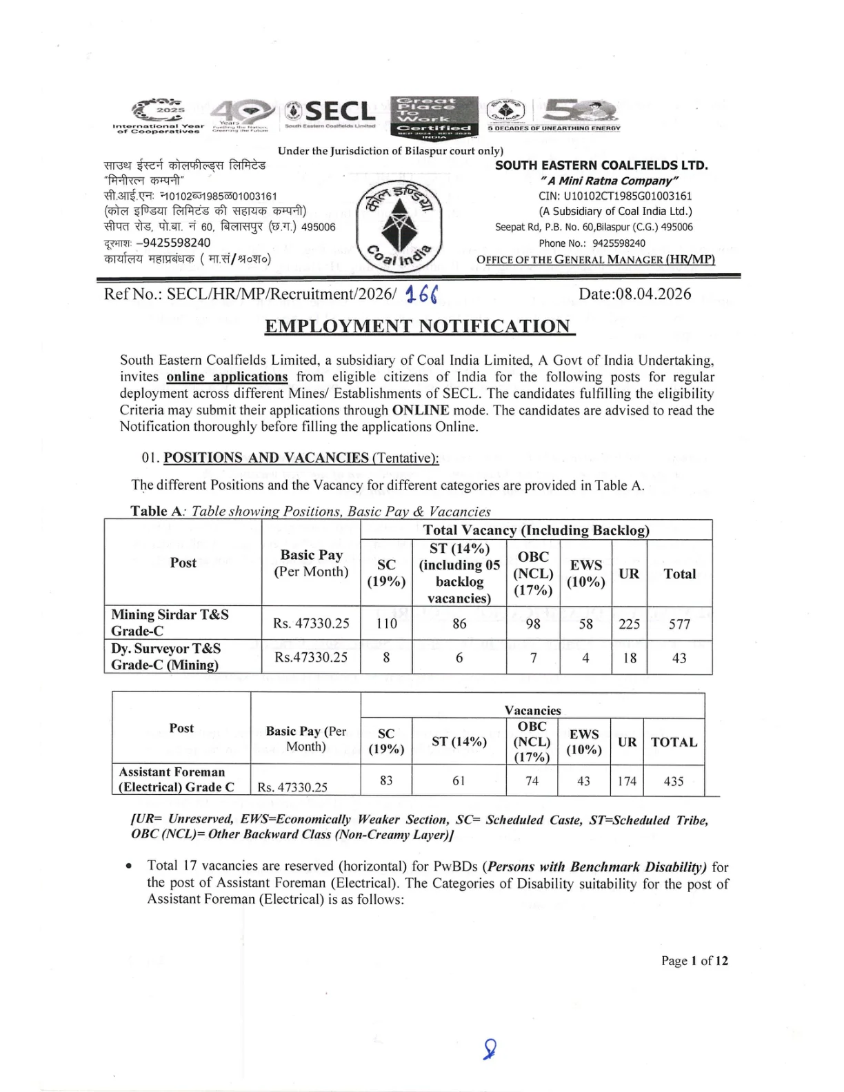 Official Recruitment Notification for SECL Recruitment 2026 - Apply Online for 1055 Mining Sirdar, Assistant Foreman, Surveyor Posts