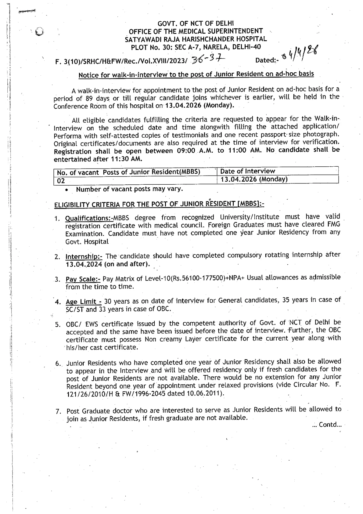 Official Recruitment Notification for SRHC Hospital Junior Resident Recruitment 2026 - Walkin