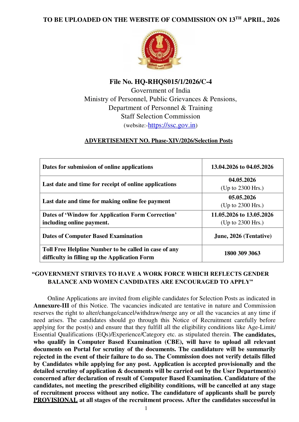 Official Recruitment Notification for SSC Nursing Officer Recruitment 2026 for 127 Posts - How to Apply Online