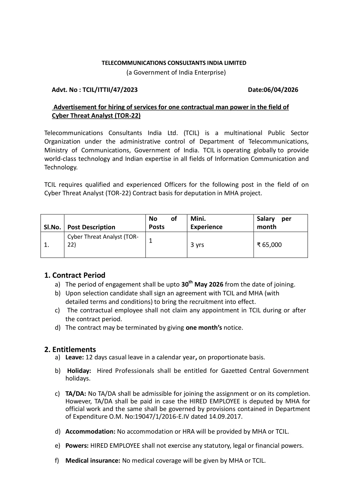 Official Recruitment Notification for TCIL Cyber Threat Analyst Recruitment 2026 - Apply Online for 1 Post