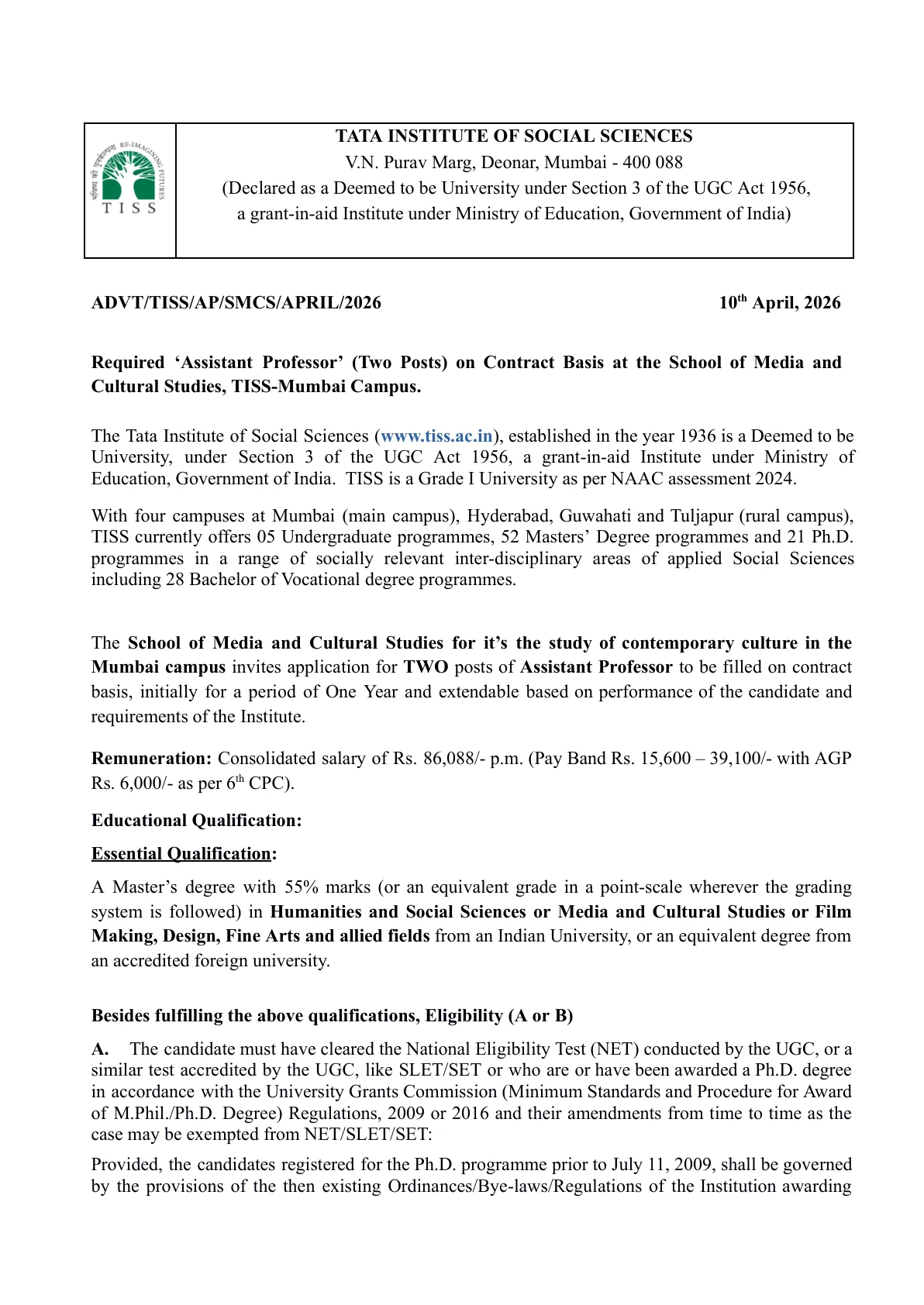 Official Recruitment Notification for TISS Assistant Professor Recruitment 2026 - Apply Online