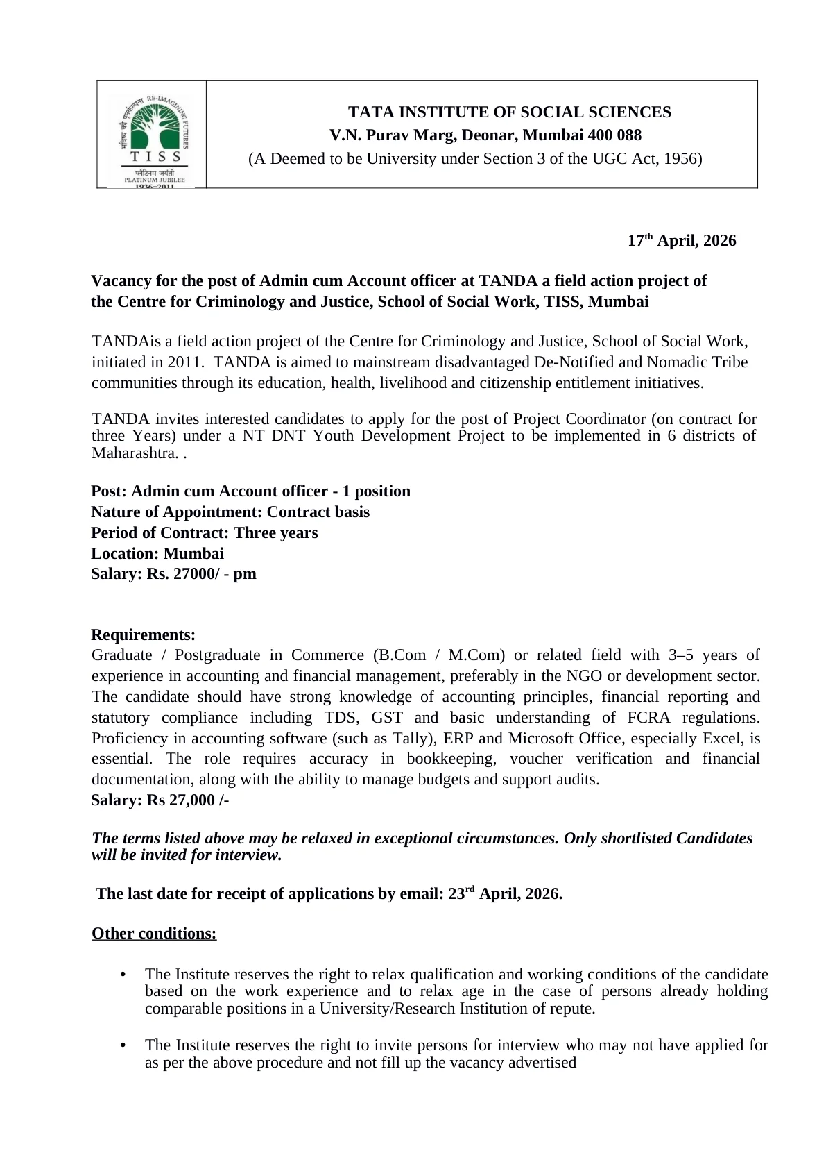 Official Recruitment Notification for TISS Admin cum Account Officer Recruitment 2026: Eligibility, Salary, Last Date and Email Application Process