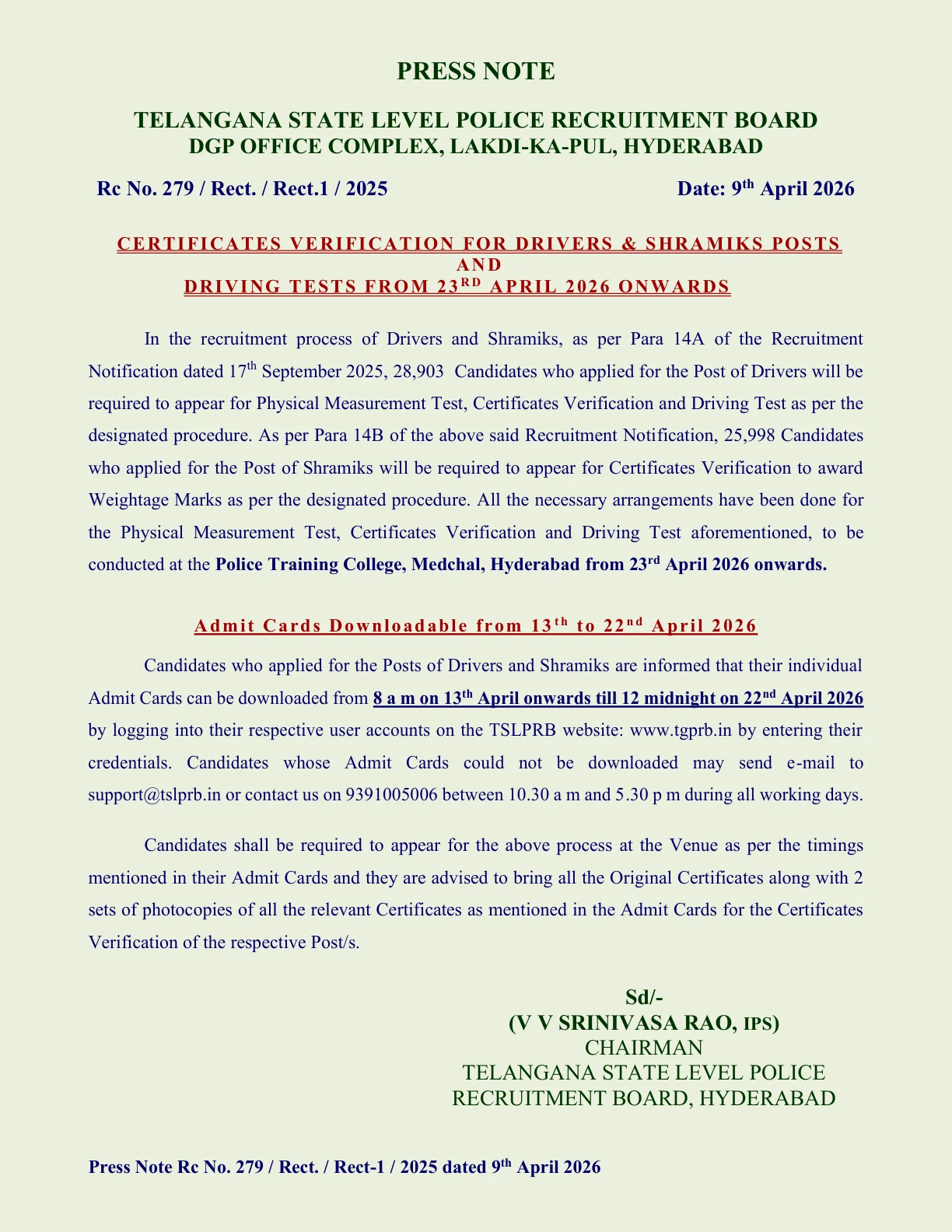 Official Admit Card Link for TLSPRB Telangana Police Drivers and Shramiks Admit Card 2026 at tgprb.in on - Download Admit Card from 13 April 2026 to 22 April 2026
