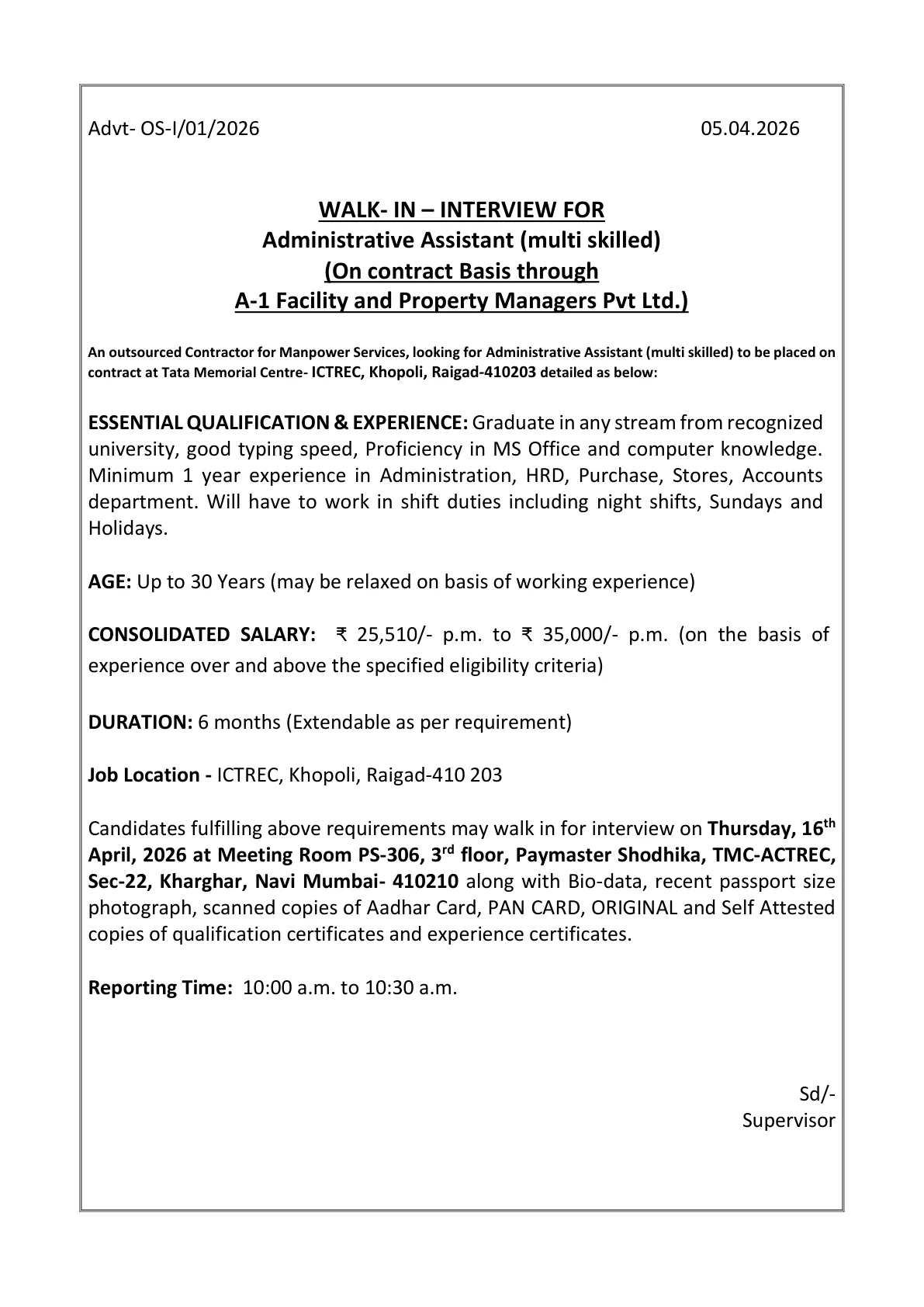 Official Recruitment Notification for TMC ACTREC Administrative Assistant Recruitment 2026 - Walk-in for Administrative Assistant (Multi Skilled) Post