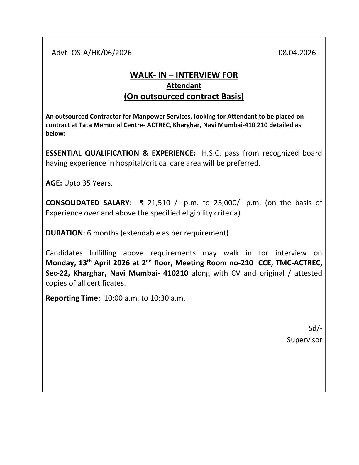 Official Recruitment Notification for TMC ACTREC Attendant Walkin Recruitment 2026: Interview Date, Eligibility, Salary