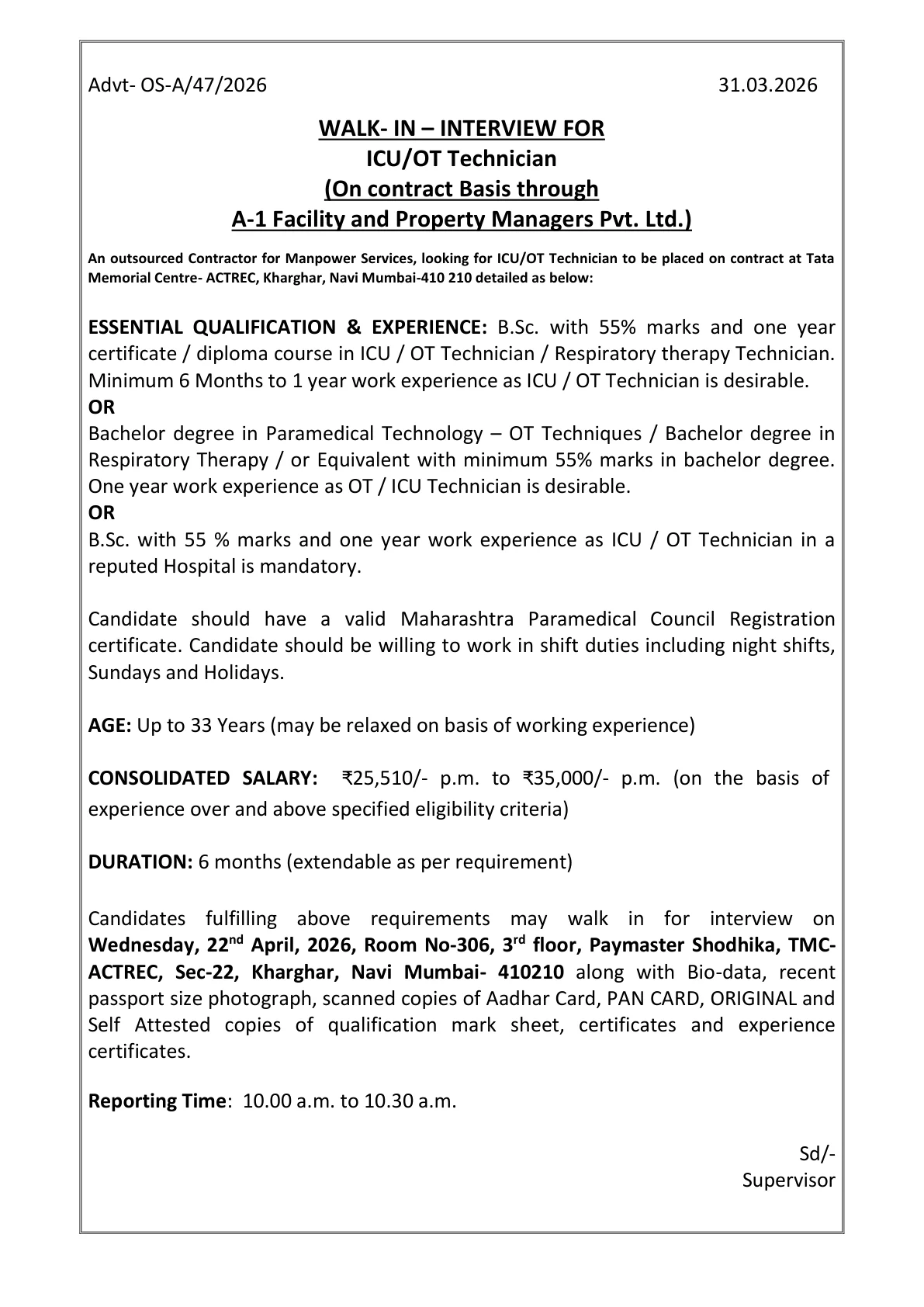 Official Recruitment Notification for TMC ACTREC ICU/OT Technician Recruitment 2026 - Walkin