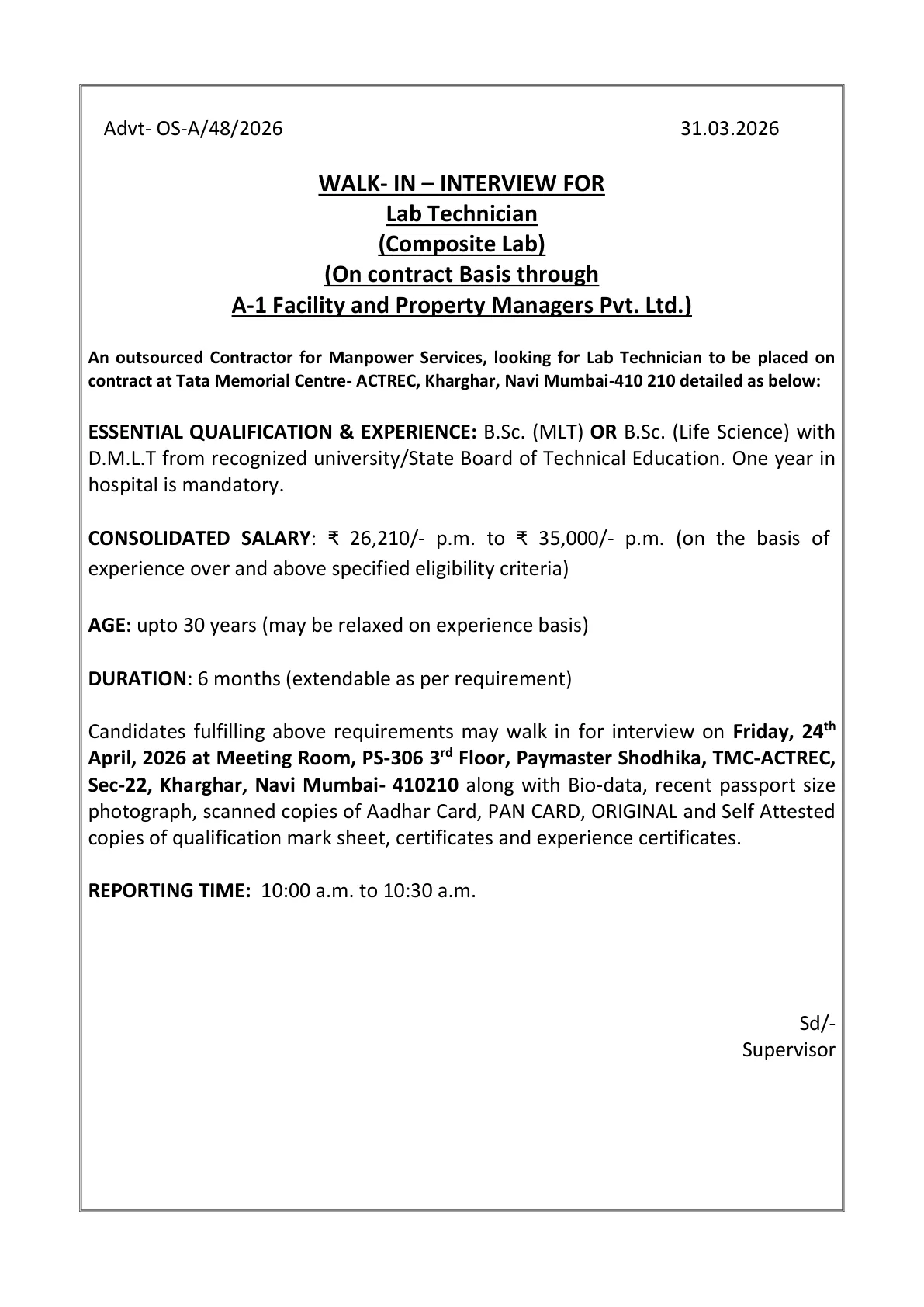 Official Recruitment Notification for TMC-ACTREC Lab Technician Walkin Recruitment 2026