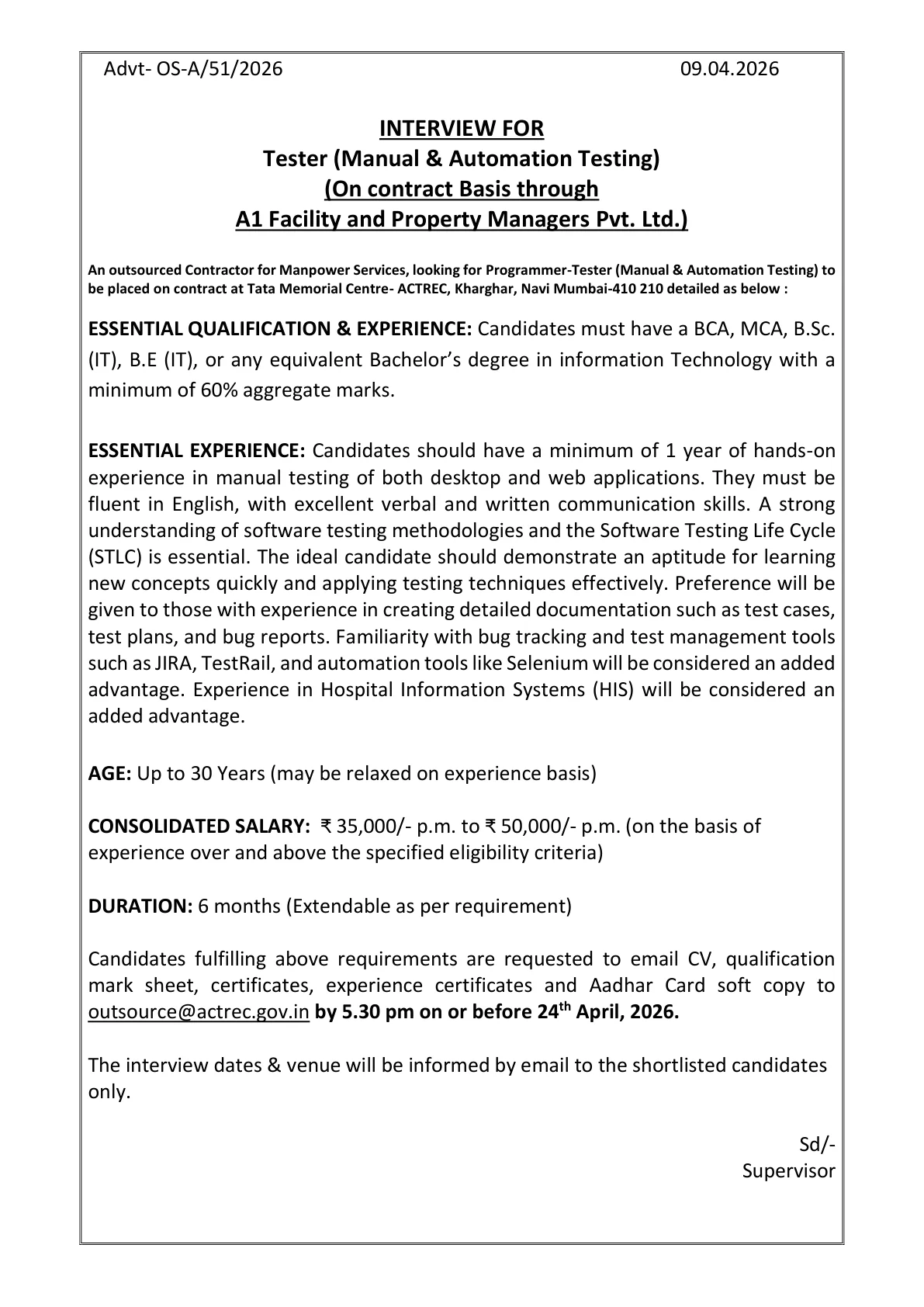 Official Recruitment Notification for TMC ACTREC Tester Recruitment 2026: Eligibility, Salary, Last Date and How to Apply