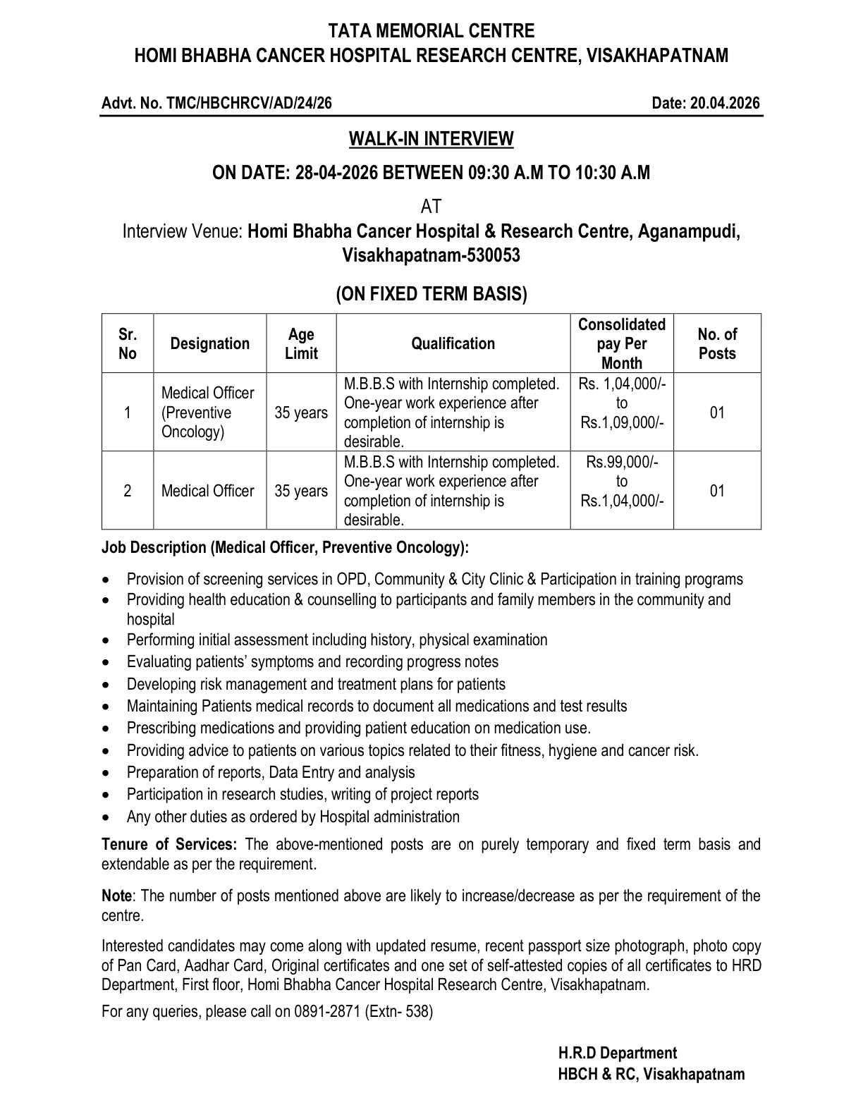 Official Recruitment Notification for TMC Recruitment 2026 Walk-in for Medical Officer Posts: Eligibility, Salary, Date and Documents Required
