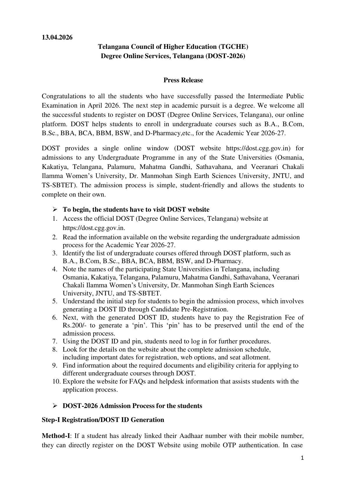 Official Exam Notice for TS DOST Notification 2026: Phase 1 Registration Dates, Fee, Eligibility and Official Registration Link