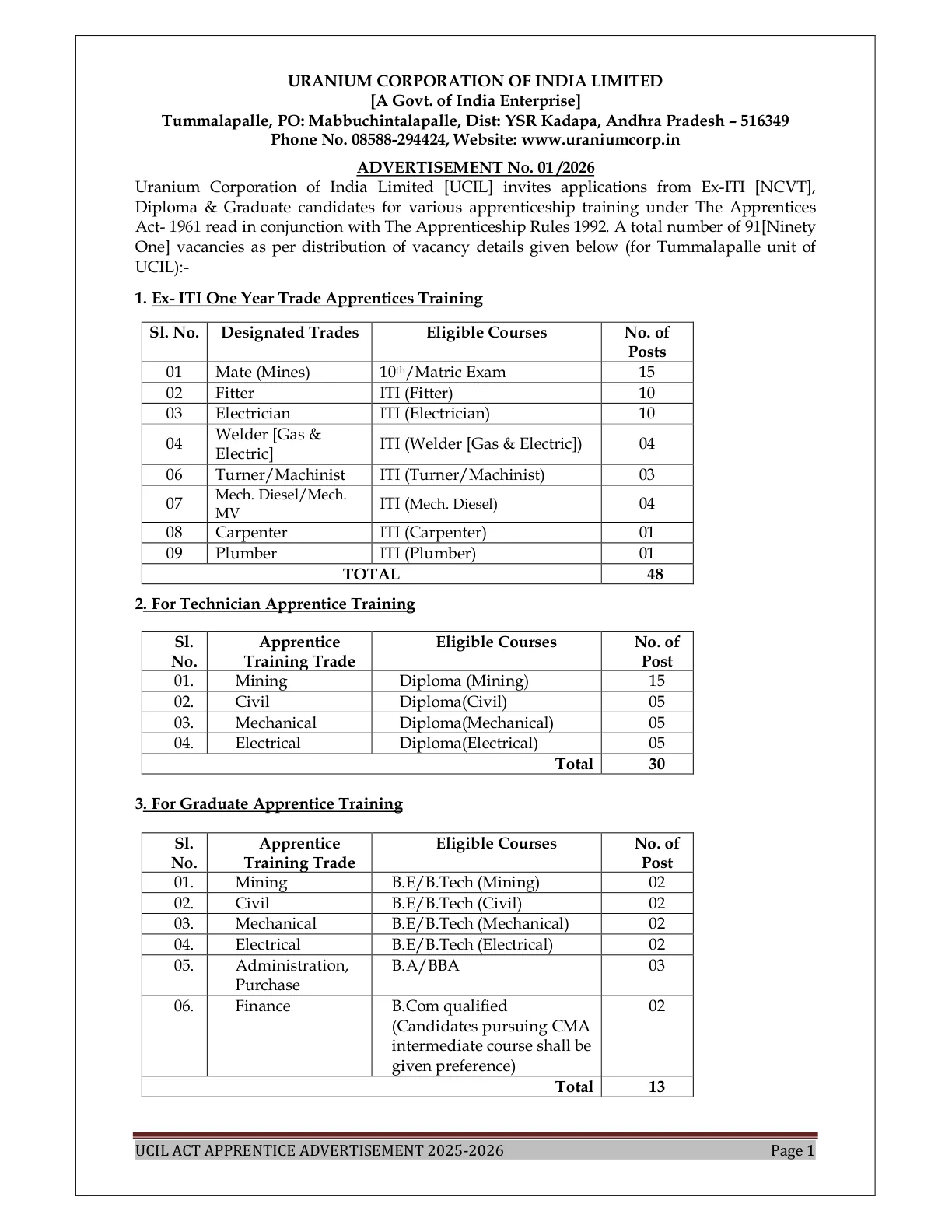 Official Recruitment Notification for UCIL Apprentices Recruitment 2026 - Apply Online for 91 Trade, Technician, Graduate Apprentices Posts