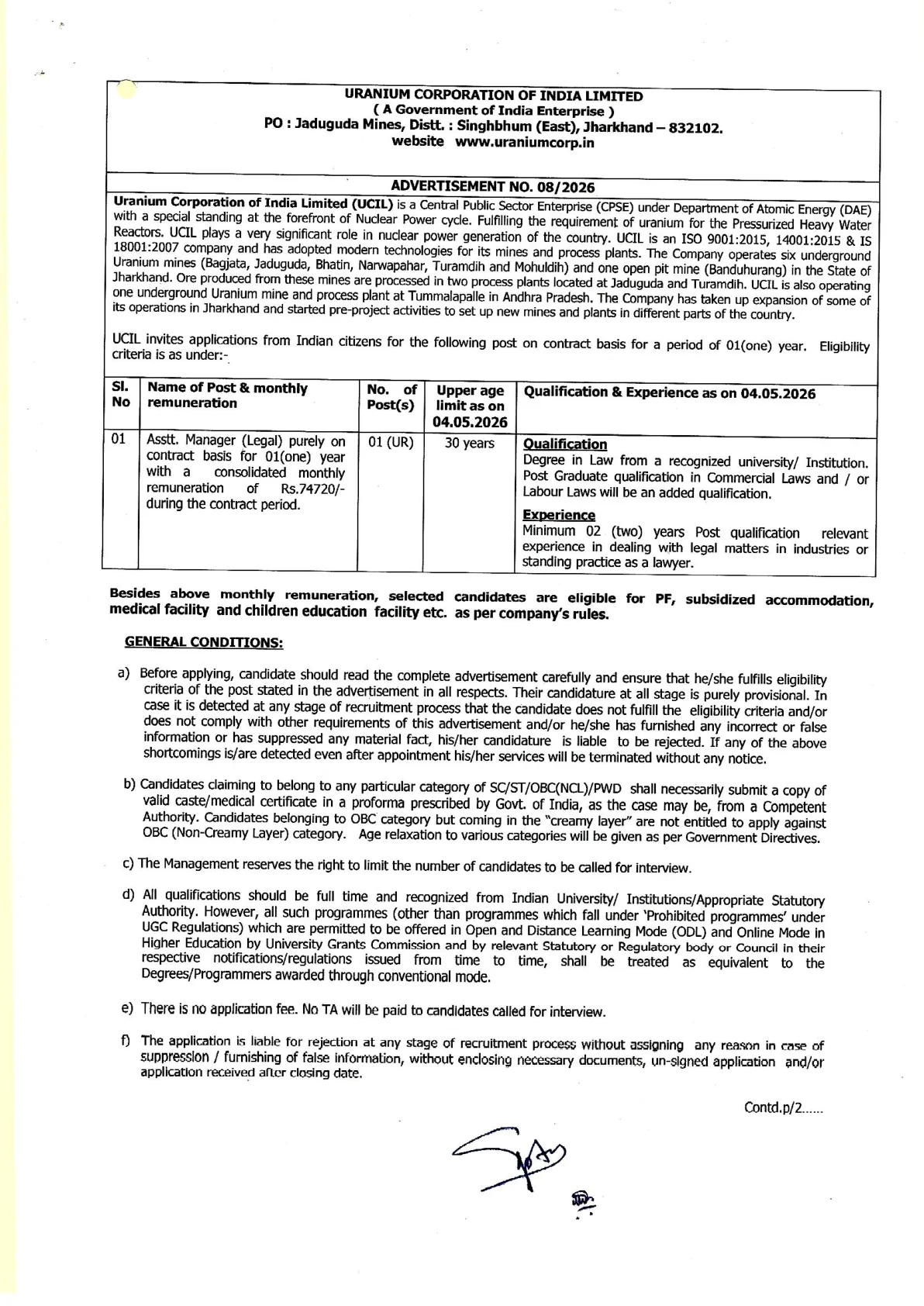 Official Recruitment Notification for UCIL Assistant Manager Recruitment 2026 Apply Offline for 1 Post
