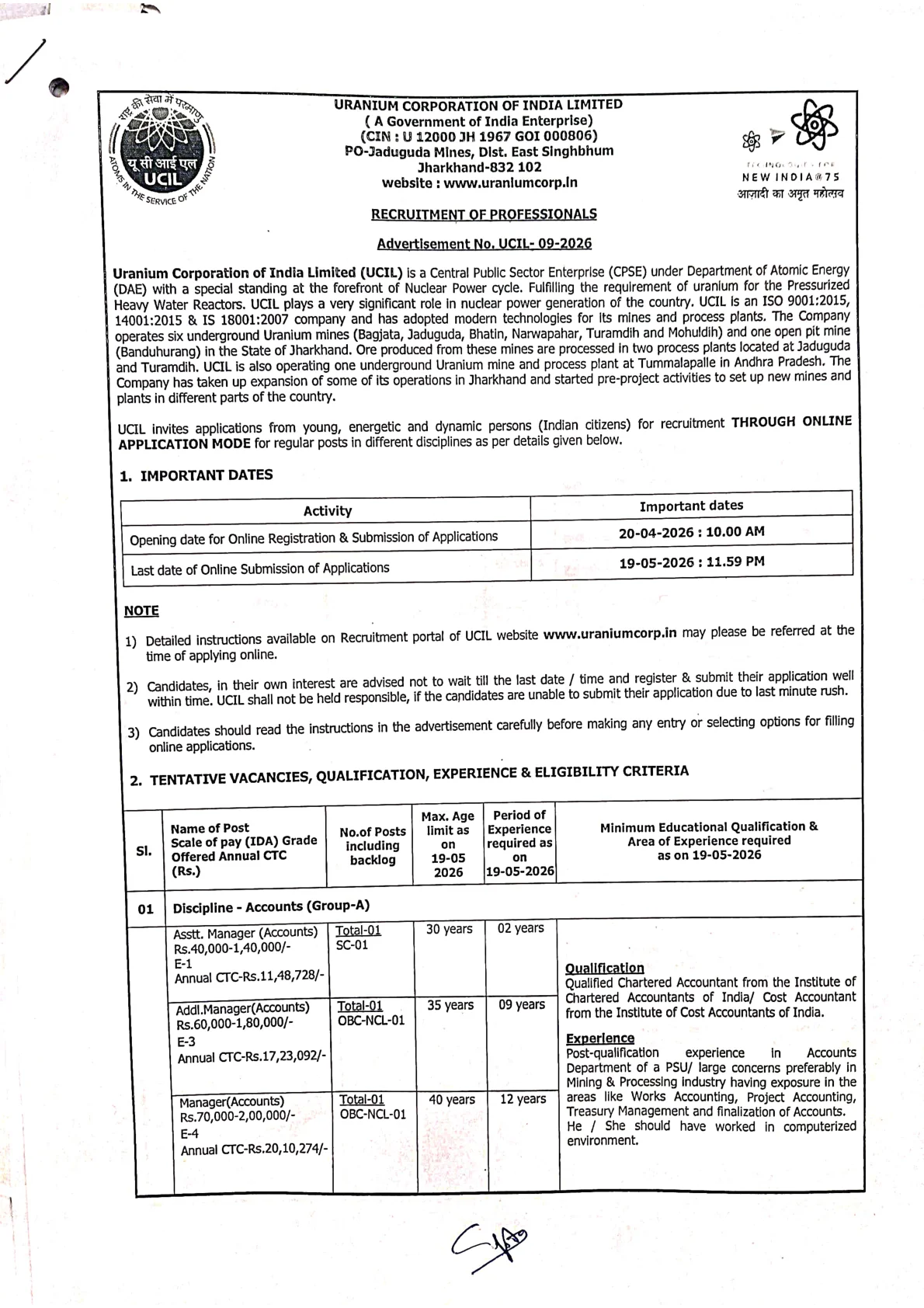 Official Recruitment Notification for UCIL Professionals Recruitment 2026 - Apply Online for 19 Posts