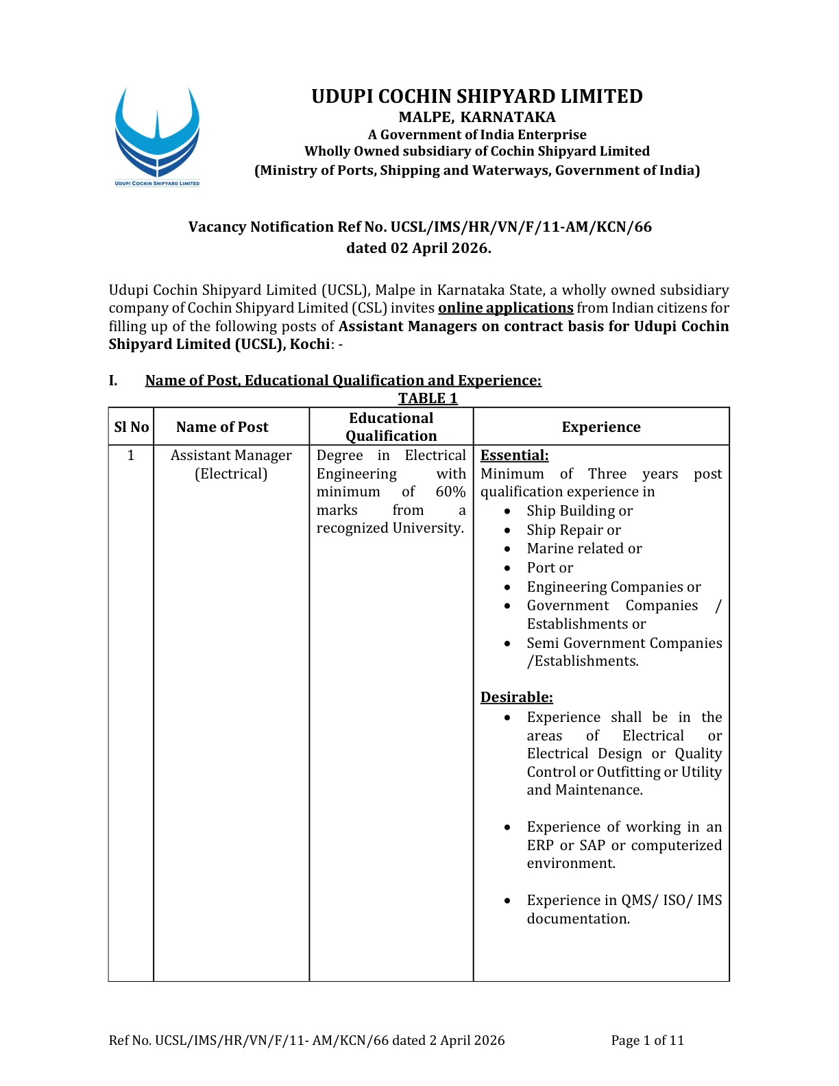 Official Recruitment Notification for UCSL Assistant Manager Recruitment 2026 Apply Online for 15 Posts