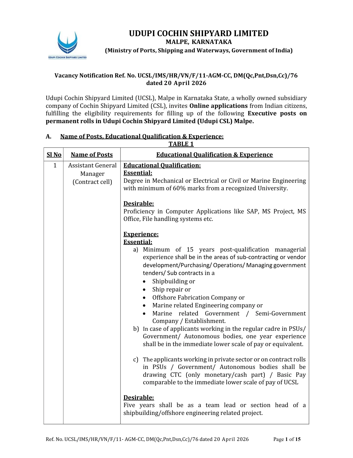 Official Recruitment Notification for UCSL Recruitment 2026 for Assistant General Manager and Deputy Manager Posts: Eligibility, Vacancies, Salary and Apply Online