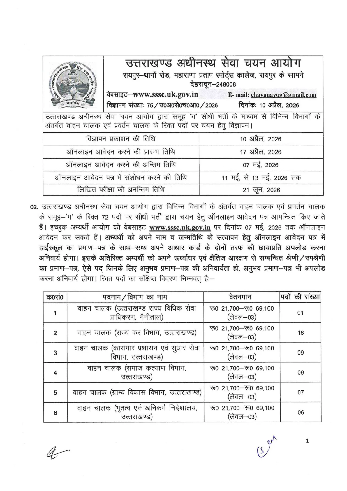 Official Recruitment Notification for UKSSSC Driver Recruitment 2026 - Apply Online for 72 Posts