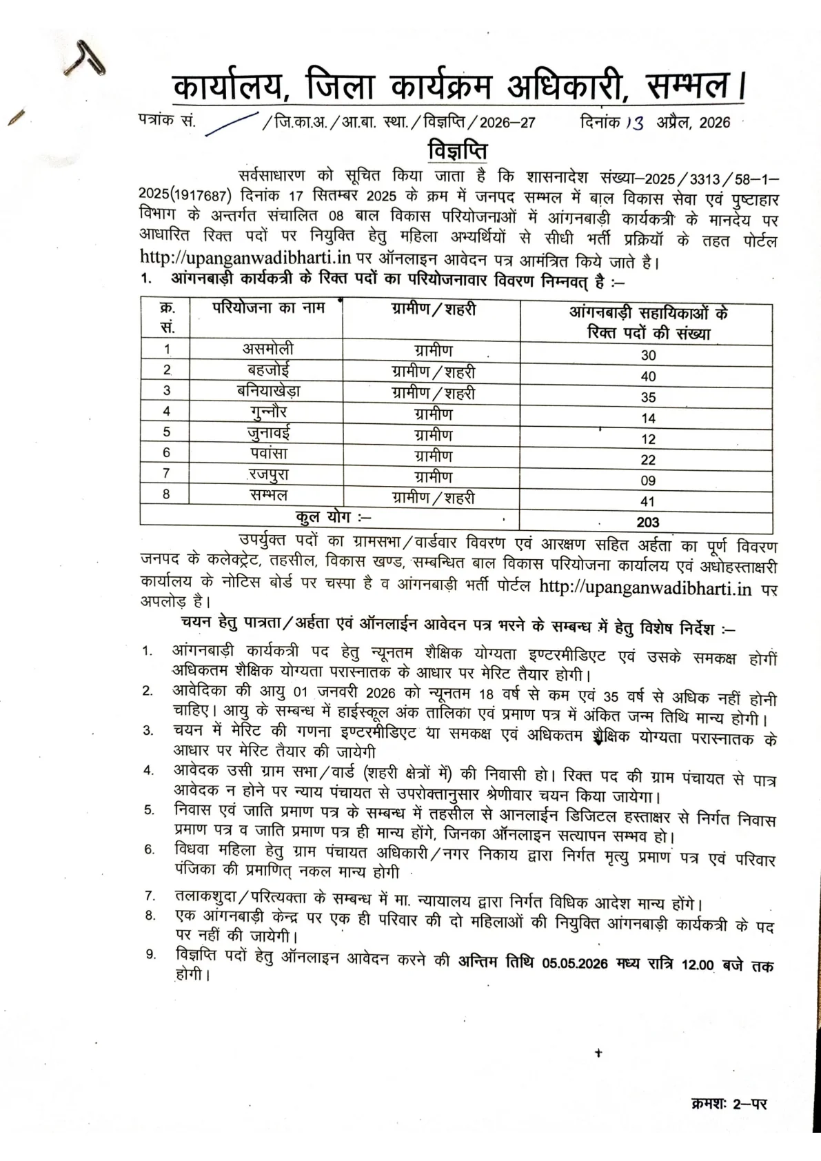 Official Recruitment Notification for UP Sambhal Anganwadi Worker Recruitment 2026 for 203 Posts - How to Apply Online