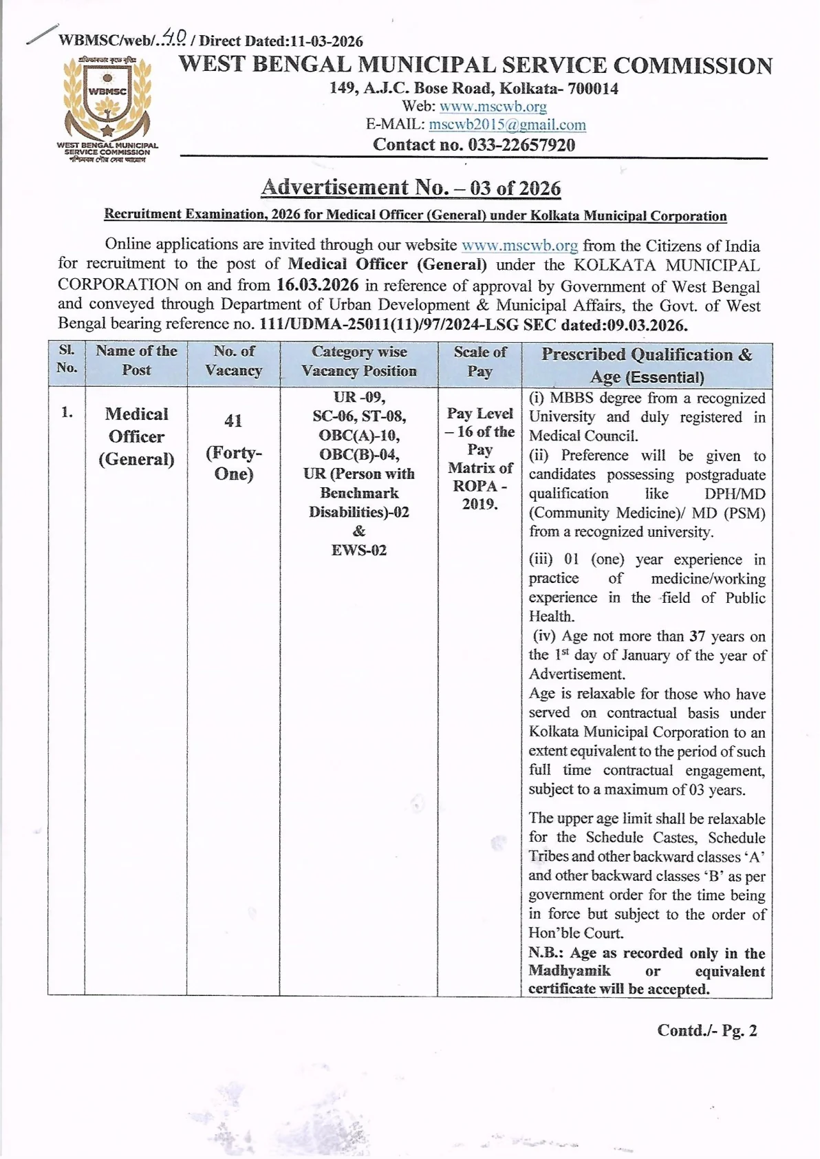 Official Recruitment Notification for WBMSC Medical Officer Recruitment 2026 for 41 Posts - How to Apply Online