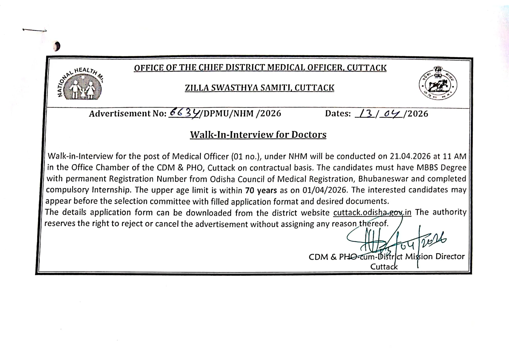 Official Recruitment Notification for Zilla Swasthya Samiti Cuttack Medical Officer Walkin Recruitment 2026 for 1 Post